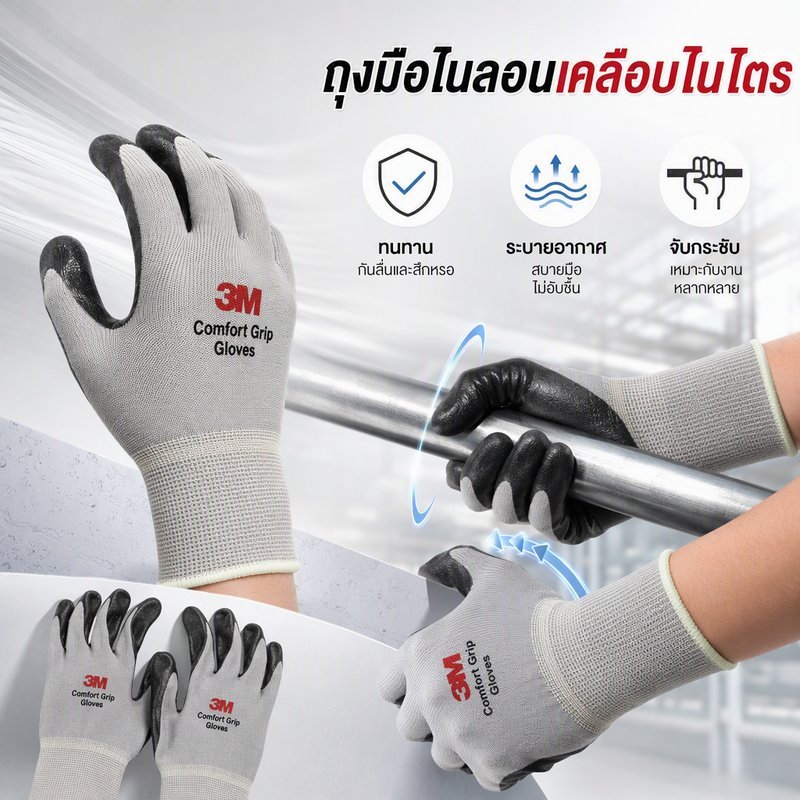 ถุงมือไนล่อนเคลือบไนไตร PU กันลื่น ระบายอากาศ ทนเสียดสี สำหรับงานช่าง จับของ สวมสบาย