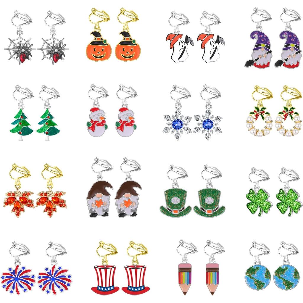 16 คู่ Hypoallergenic Holiday Clip on Dangle ต่างหูผู้หญิงฮาโลวีนต่างหูคริสต์มาสสําหรับสาวฤดูใบไม้ร่