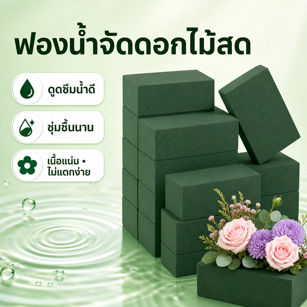 ฟองน้ำจัดดอกไม้ดินเหนียว ดูดซึมน้ำดี เนื้อแน่นไม่แตกง่าย จัดดอกกุหลาบ ดอกเบญจมาศ ร้านดอกไม้ งานแต่ง พร้อมส่ง