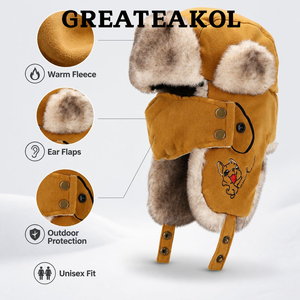 GREATESKOL Trapper Hat, Warm Faux Fur Lining Earflap Hat, กันน้ําพร้อม Facemask Bomber Hat Cycling
