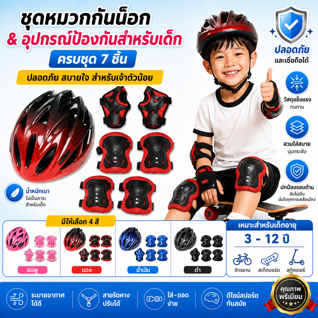 ชุดอุปกรณ์เซฟตี้เด็ก 7 ชิ้น กันกระแทก สนับเข่า ศอก ข้อมือ สำหรับจักรยาน โรลเลอร์สเก็ต สกู๊ตเตอร์