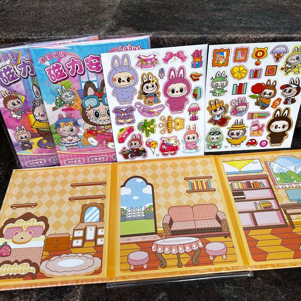 Magnetic Quiet Book เด็กการ์ตูนของเล่น Handmade Book Labubu เลเซอร์สติกเกอร์แม่เหล็ก DIY Quiet Book5