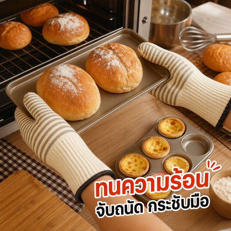 ถุงมือกันความร้อน สูง 2ชิ้น ถุงมืออบขนม ซิลิโคน กันลื่น หนา ห้านิ้ว จับถาด เตาอบ ไมโครเวฟ