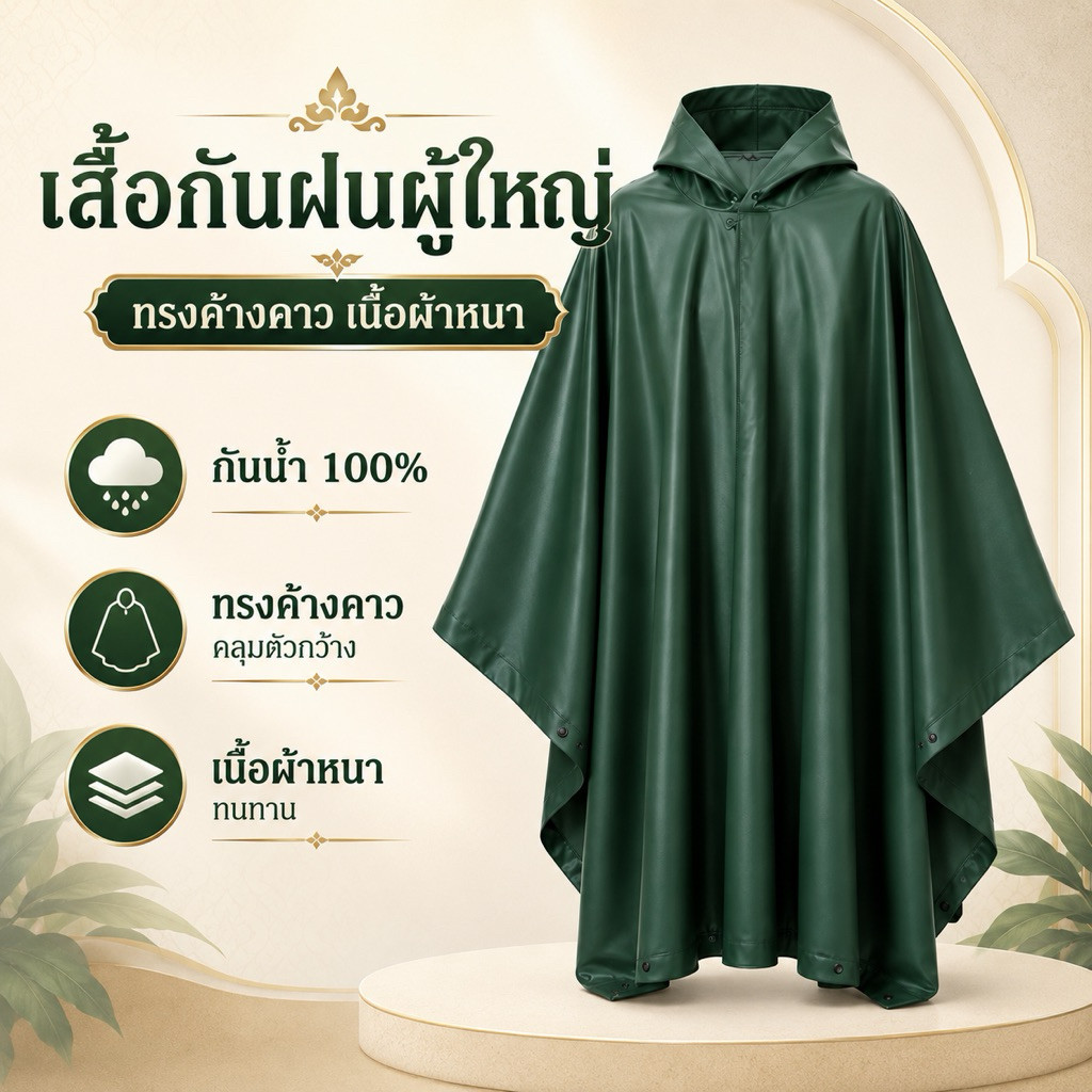 เสื้อกันฝนผู้ใหญ่ ทรงค้างคาว กันน้ำ 100% เนื้อหนา สำหรับขี่มอเตอร์ไซค์ คลุมกว้าง 140 ซม. ยาว 90 ซ