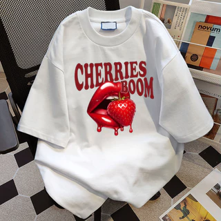เสื้อยืดโอเวอร์ไซซ์ผู้หญิง ผ้านุ่มหนา CHERRIES แฟชั่นสไตล์เกาหลี [งานเกรดพรีเมียม งานเกรด A]
