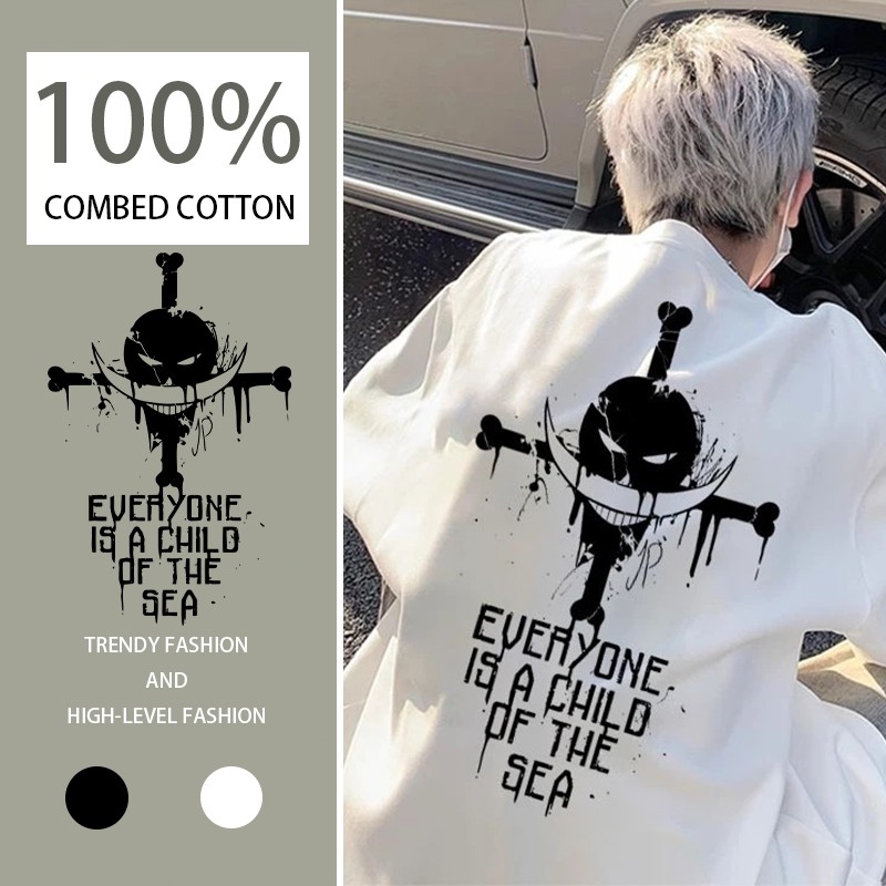 (ผ้าฝ้าย 100%)Luvoro oversize unisex เนื้อผ้านุ่มระบายแขนสั้น T-shirt สีดำและสีขาว เสื้อยืดทูโทน เสื้อยืดแขนสั้น C900