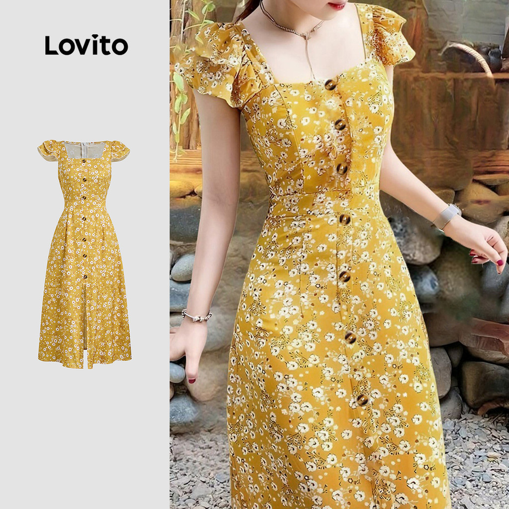 Lovito วันหยุด ชุดเดรส คอปกลูกไม้ ปุ่มแต่ง เสื้อฤดูใบไม้ผลิ/ฤดูร้อน สีเหลือง สำหรับผู้หญิง L154LD348
