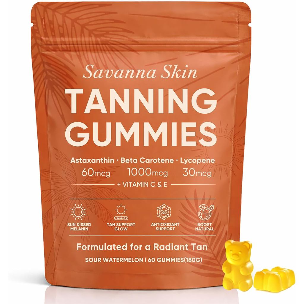 Savanna Skin Tanning Gummies, Astaxanthin, Beta Carotene & Lycopene Blend with Vitamins C & E, Radia