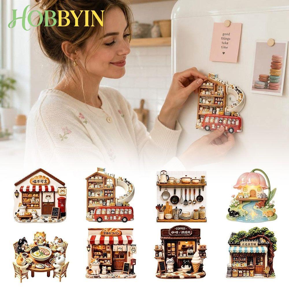HOBBYIN โฮบซิน แม่เหล็กติดตู้เย็น,การ์ตูนรูปแบบบรรเทาแมวแม่เหล็กติดตู้เย็น,ของขวัญจําลองน่ารักแมวธีมเรซิ่นตกแต่งแม่เหล็กตู้เย็นตกแ