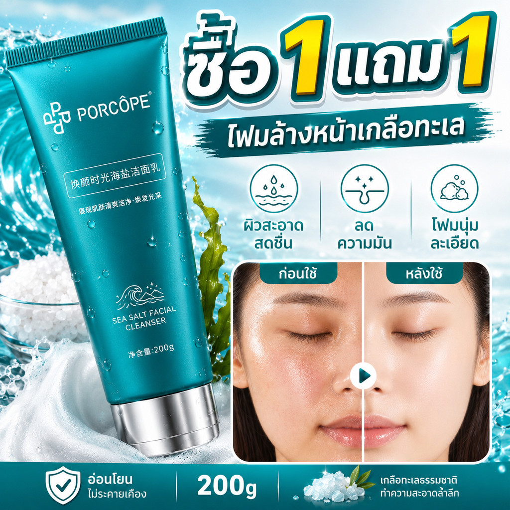 ซื้อ 1 แถม 1🔥 PORCOPE โฟมล้างหน้าเกลือทะเล 200g ทำความสะอาดล้ำลึก คุมมัน โฟมนุ่ม ผิวสดชื่น สูตรอ่อนโ