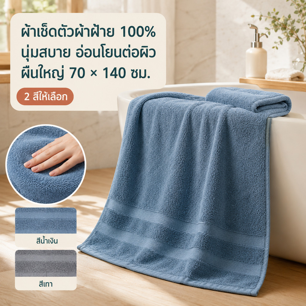 ผ้าขนหนูอาบน้ำ ผ้าฝ้ายแท้ 100% ผ้าเช็ดตัวผืนใหญ่ 70x140 ซม. เนื้อนุ่ม อ่อนโยนต่อผิว สำหรับผู้ใหญ่