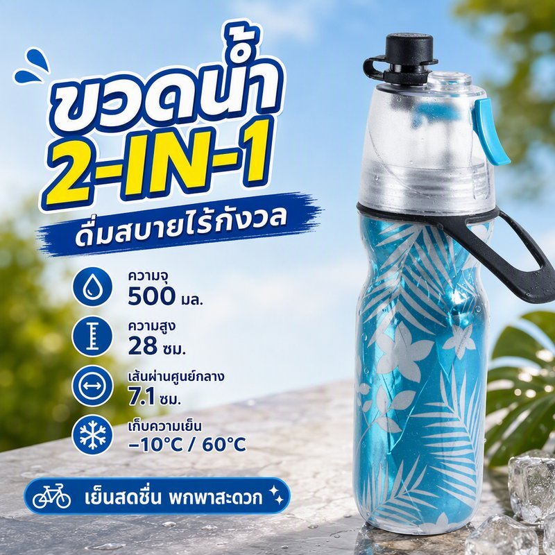 ขวดน้ำกีฬา ฉนวนเก็บความเย็น ขวดน้ำจักรยาน แบบบีบ มีสเปรย์พ่นละอองน้ำ 500ml พกพา ฟิตเนส