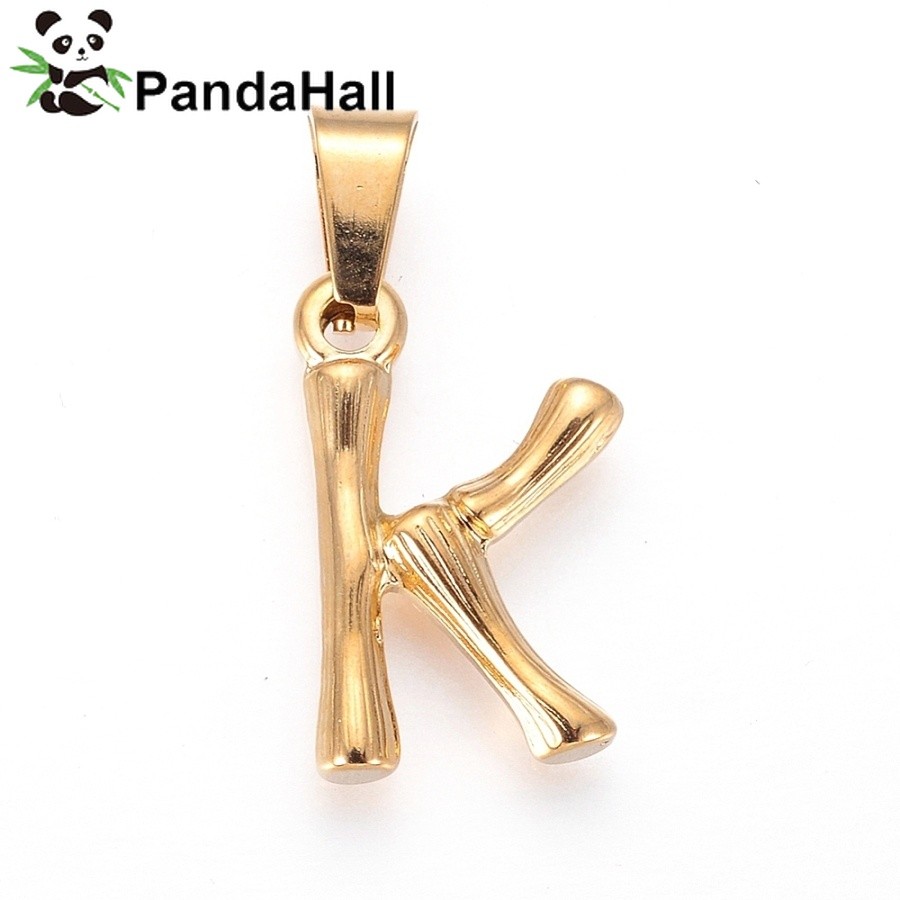 1 ชิ้น 304 จี้สแตนเลสไม้ไผ่สไตล์ตัวอักษร Ion Plating (IP) golden Letter.K 19.5x12x3 มม.รู: 3x7 มม.