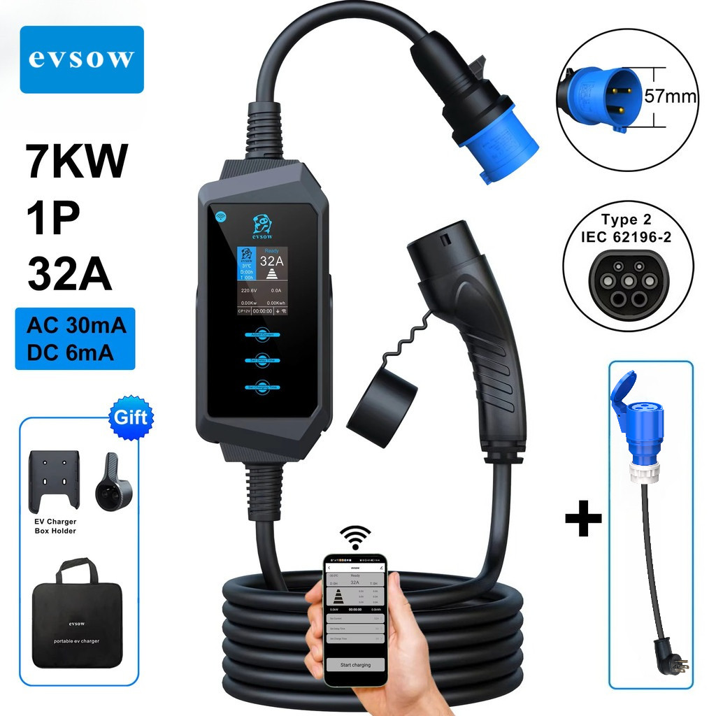 Evsow Portable 32A Type 2 EV Charger - 7kW/11kW/22kW Fast Charging - Smart WiFi Control (Tuya) - EVS