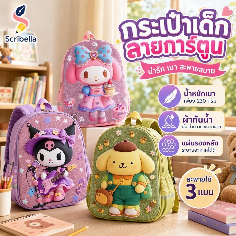 กระเป๋าเป้สะพายหลังเด็ก 3D กระเป๋านักเรียนการ์ตูนน้ําหนักเบากันน้ําทําความสะอาดง่าย Breathable Back Pad