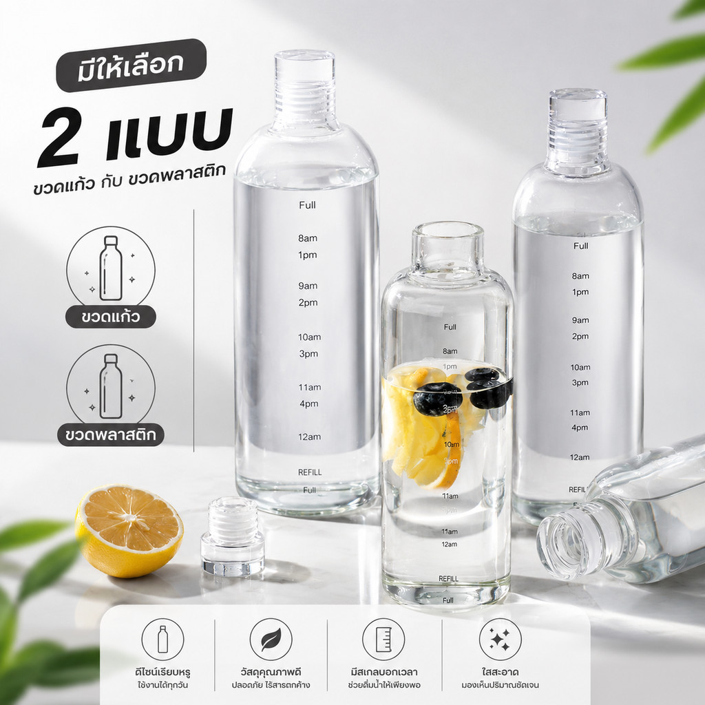 ขวดน้ำแก้ว 500 ml ฝาแน่น ขวดแก้วสีใส + ฝา แบบพกพา สะดวก มีขีดแบ่งเวลา ไม่รั่ว ไม่ซึม