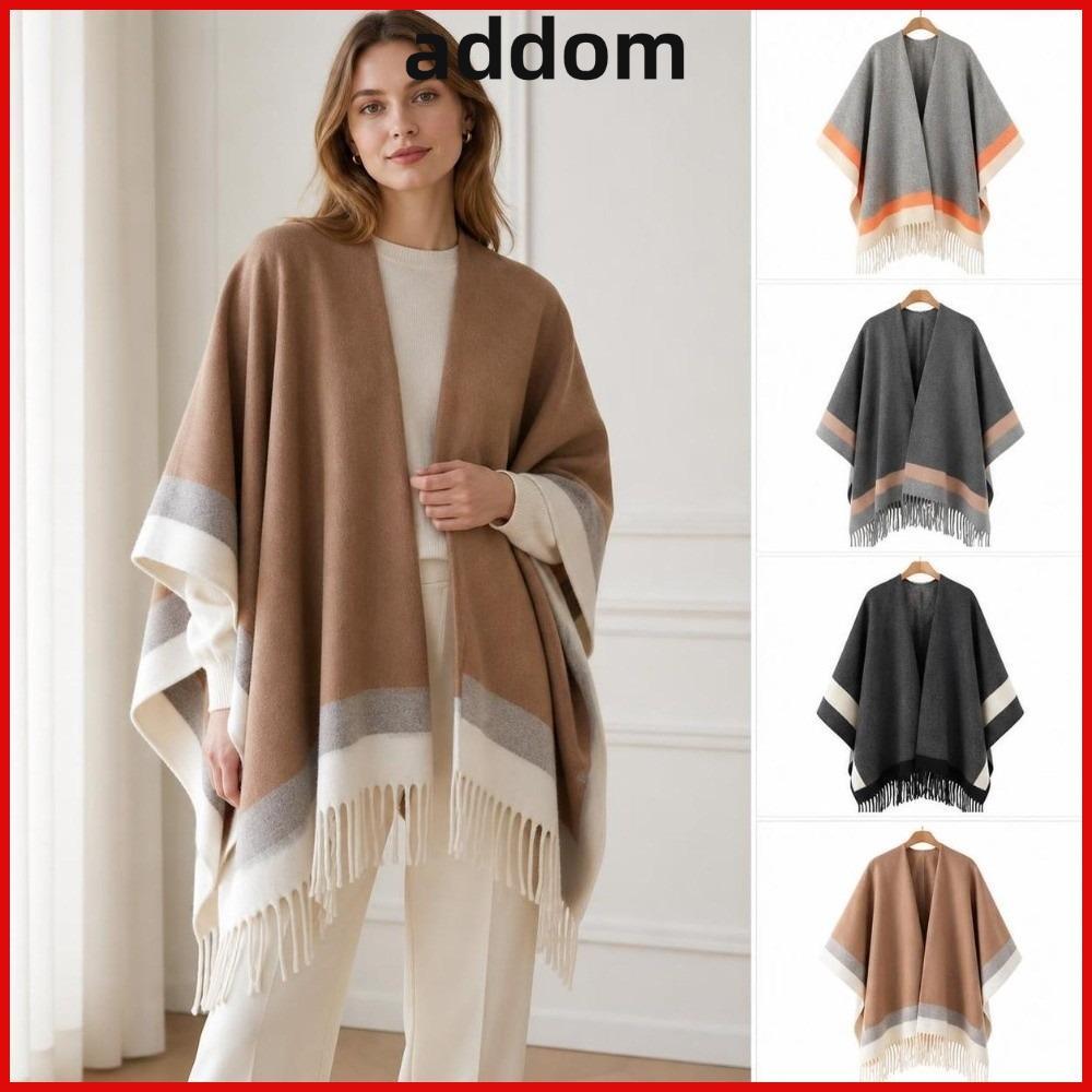 ADDOM ลายขอบ Poncho, ขนาดใหญ่สบายเปิดด้านหน้า Cape Shawl, แฟชั่นนุ่ม WARM Fringed Edge WARM Wool Cap