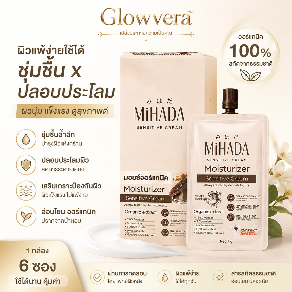 [กล่อง 6 ซอง] MIHADA Moisturizer Cream 7g มอยเจอร์ไรเซอร์ มอยส์เห็ด ครีมซอง บำรุงผิวหน้า เติมความชุ่มชื้น