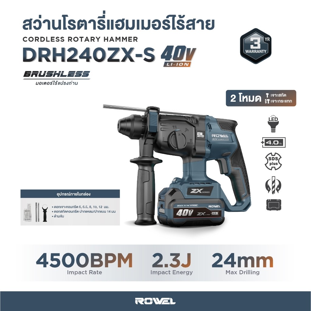 (toolsdee ถูกสุด) สว่านโรตารี่ไร้สาย 40v ROWEL รุ่น DRH240ZX สว่านโรตารี่แบตเตอรี่ สว่านโรตารี่