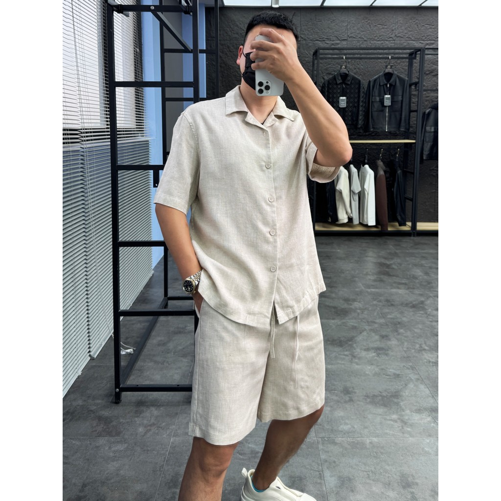 Svip Luxury Old Money Style+ชุด 2 ชิ้น!ฤดูร้อนผู้ชายคิวบาคอ เทนเซล ผ้าลินินเสื้อลําลองแขนสั้นกางเกงข