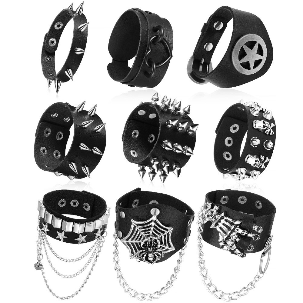 Punk สร้อยข้อมือหนังชุด Unisex Gothic Spiked Rivet Skull Spider Star Chain สายรัดข้อมือปรับ PU หนังข้อมือ Rock E-girl คอสเพลย์ Halloween Party เครื่องประดับอุปกรณ์เสริม