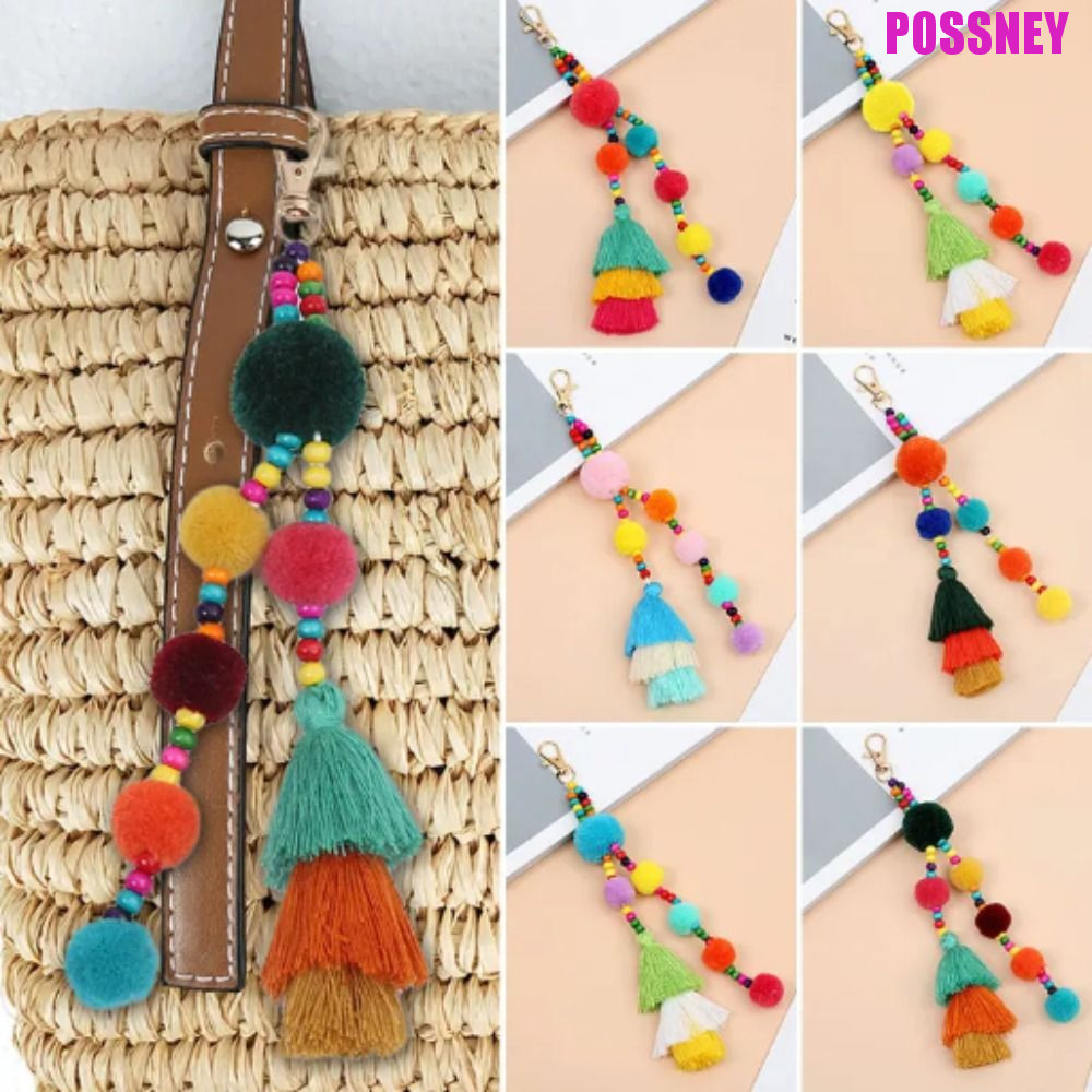 POSSNEY Bohoสไตล์พวงกุญแจ,Pom Pom Bohoสไตล์BohoผมBallพู่พวงกุญแจ,Bohoเครื่องประดับHandmadeสีสันพู่Bo