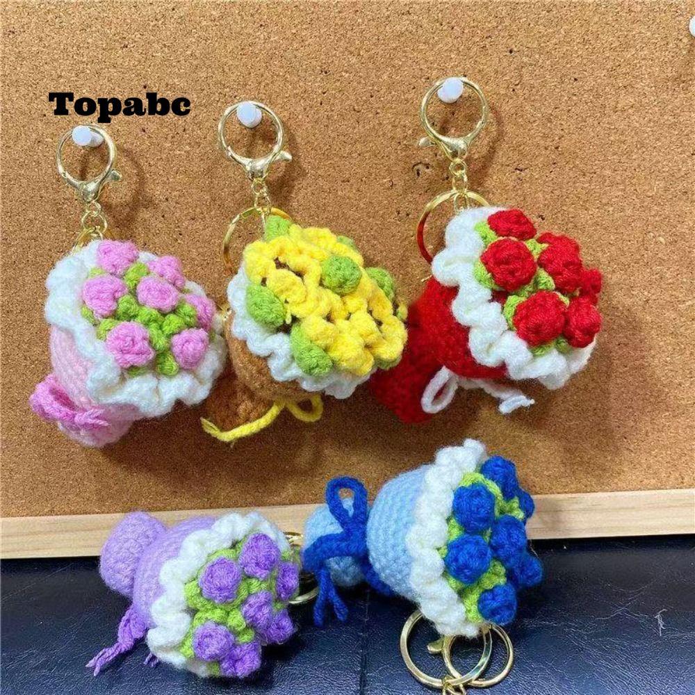 TOPABC Rose Bouquet Bag จี้, Handmade Mini Yarn Bouquet พวงกุญแจ, ของขวัญทอเส้นด้ายช่อดอกไม้มือถือพว
