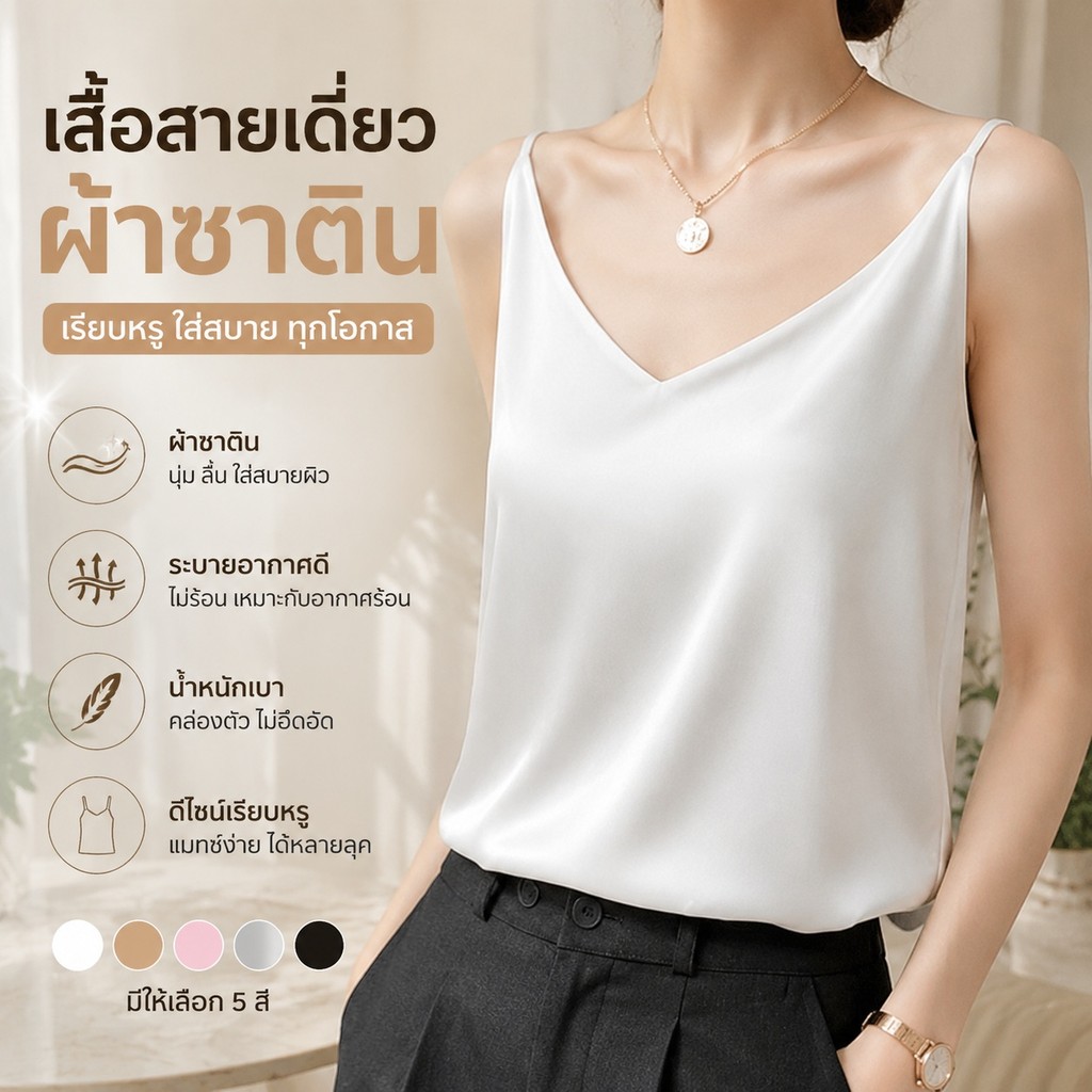 ผู้หญิงเสื้อกล้ามแขนกุดผู้หญิง office Top Camisole blackless Top S-3XL อินเทรนด์ฤดูร้อนซาติน Sleevne