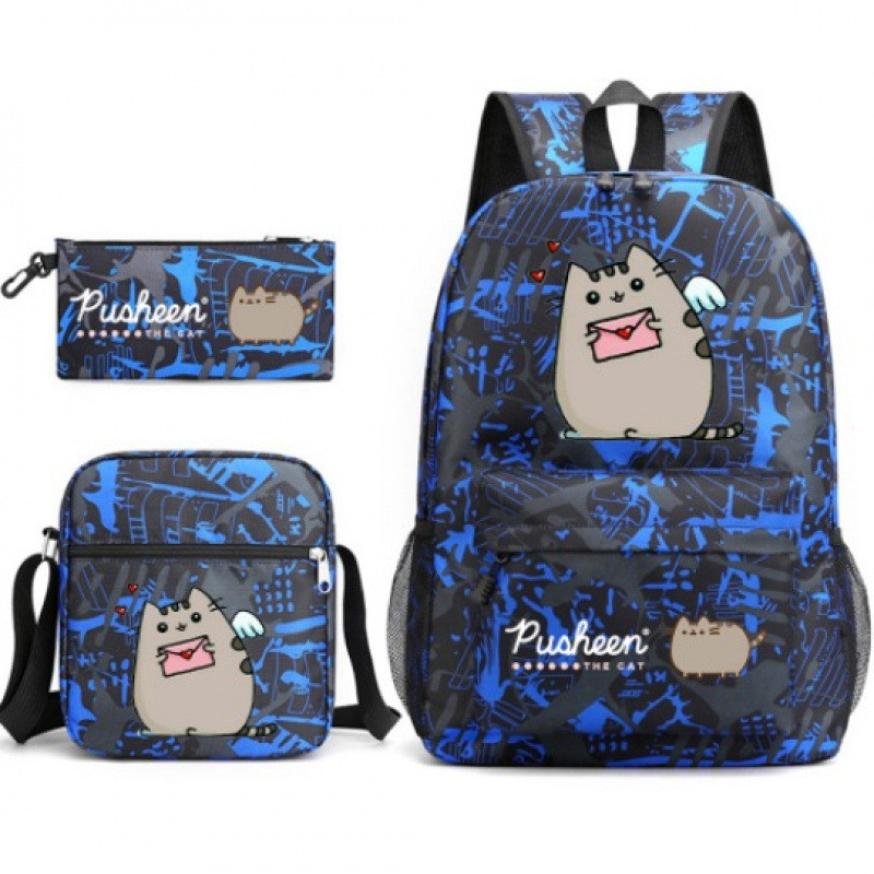 ใหม่ Pusheen Pusheen Pusheen กระเป๋านักเรียนสามชิ้น กล่องดินสอไหล่เดียว ลําลอง กระเป๋าเป้สะพายหลังนั