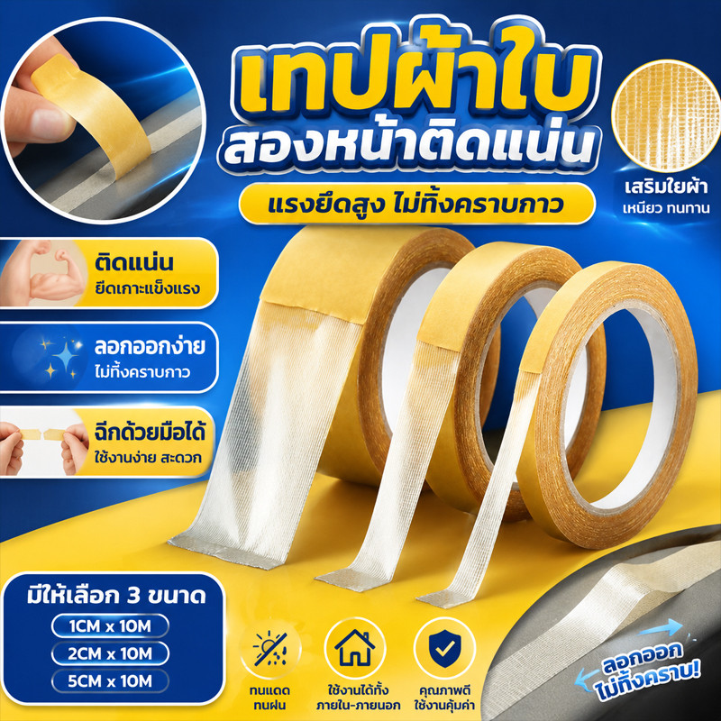 เทปกาวสองหน้า 10เมตร กาวเหนียวติดแน่น ตาข่ายไฟเบอร์เหนียวทนทาน ใช้งานได้หลากหลาย เทปกาวติดพรม