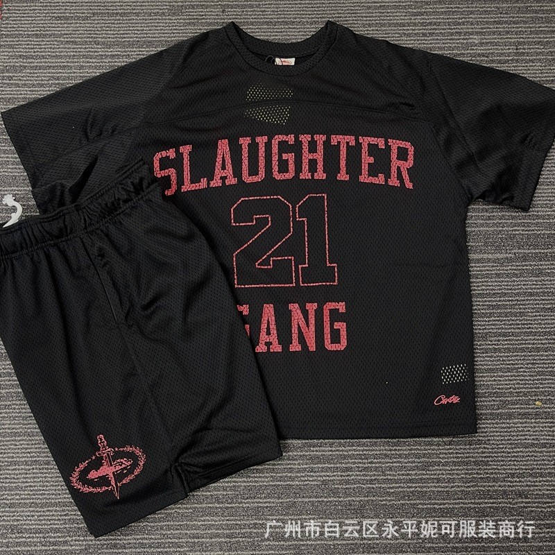ZUYO crtz 21savage Island พิมพ์ Street Hip Hop ตาข่ายแขนสั้นเสื้อยืดกางเกงขาสั้นชุดกีฬา