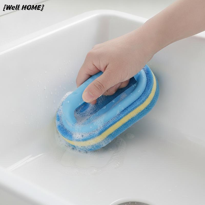 [Well HOME] 3 ชิ้น Fast Stain Removal ฟองน้ําทําความสะอาดห้องครัวแบบใช้มือถือพร้อมที่จับสําหรับจานอ่