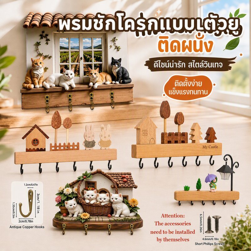 ที่แขวนกุญแจติดผนังไม้ 2D ที่แขวนกุญแจติดผนัง ของตกแต่งผนังไม้ 4 ตะขอ ของตกแต่งบ้าน ประหยัดพื้นที่