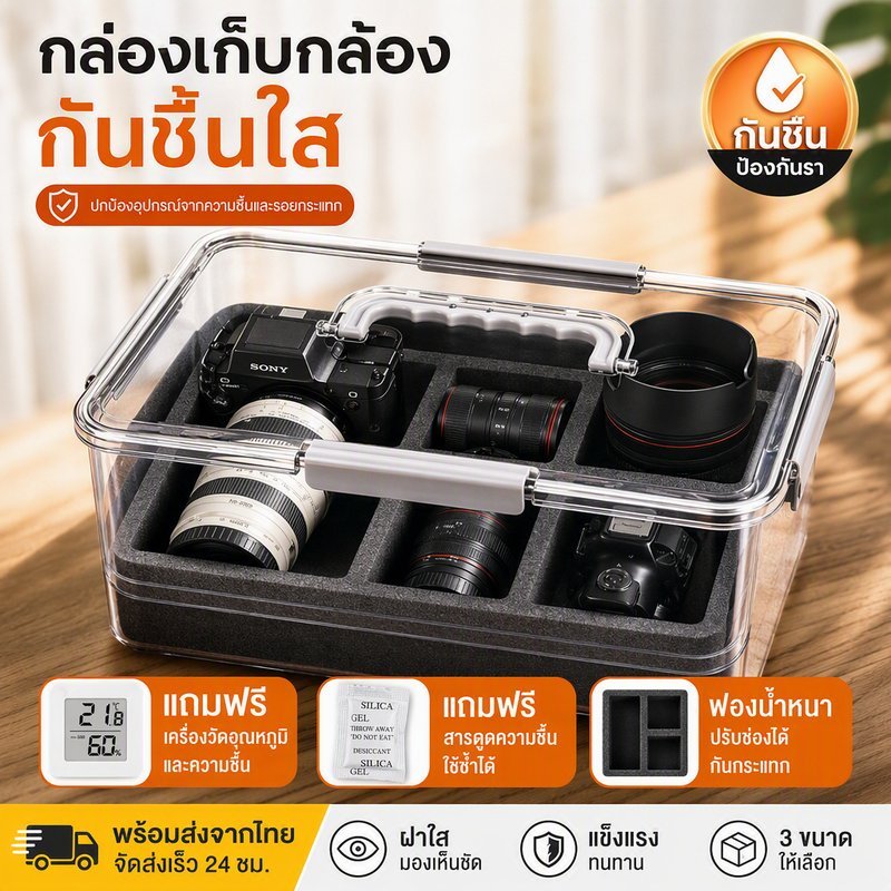 COD กล่องเก็บกล้องกันชื้น Dry Box ฝาใส ซีลสองชั้น พร้อมไฮโกรมิเตอร์ ฟองน้ำแบ่งช่อง กันกระแทก กันฝุ่น