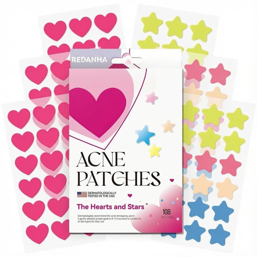 REDANHA108CountAcnePatchesforFaceHeart&StarHydrocolloidPimplesSpotStickersforCoveringZitsBlemishes Z