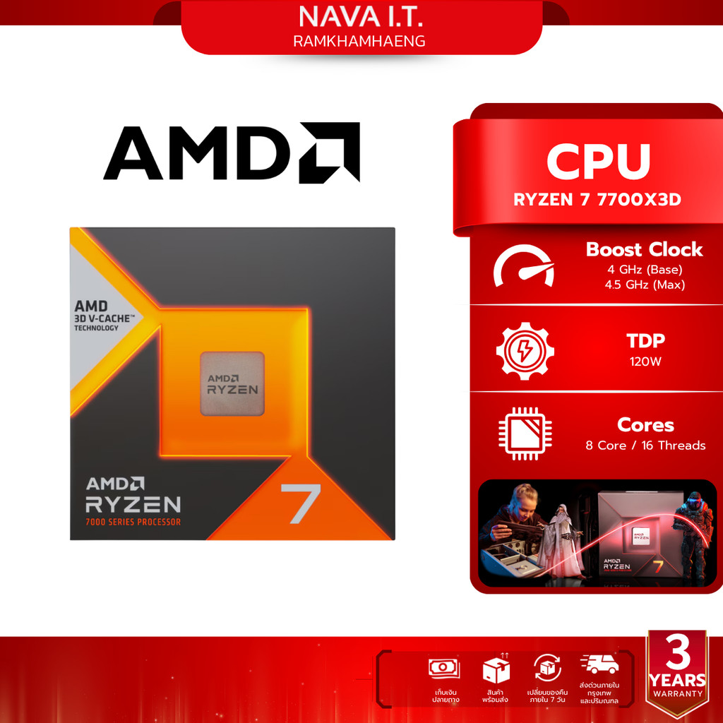 AMD CPU (ซีพียู) RYZEN 7 7700X3D 4 GHz รับประกัน 3 ปี