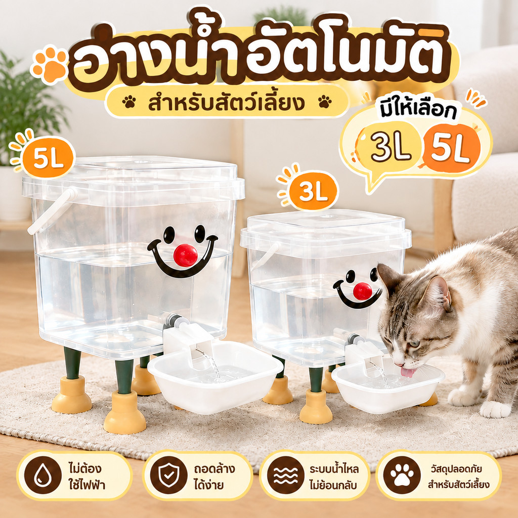 ถังให้น้ำแมวอัตโนมัติ 3L/5L วัสดุPPเกรดอาหาร แบบใส ไม่ใช้ไฟฟ้า เสียงเบา ถอดล้างได้ ความจุใหญ่ สำหรับแมวหมา