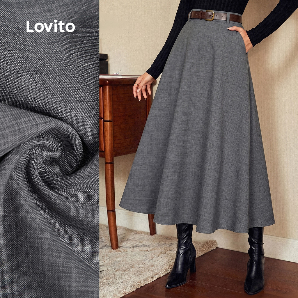 (New Arrival) Lovito กระโปรงทรงเรียบหรู มีช่องกระเป๋า กระโปรงสีเทาสําหรับฤดูใบไม้ร่วง/ฤดูหนาว LBL37154