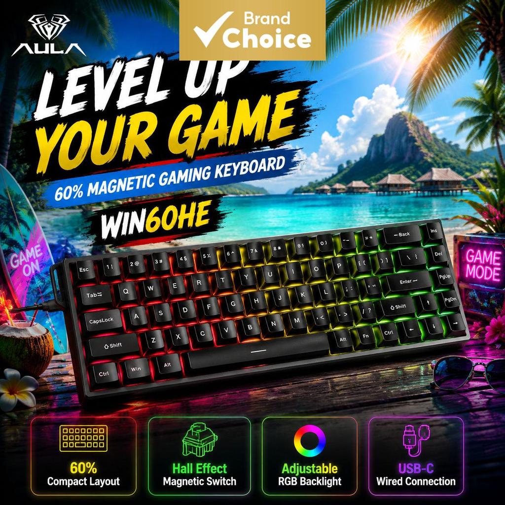 คีย์บอร์ดแมคคานิคอลสําหรับเล่นเกม AULA WIN60 HE แบบมีสาย สวิตช์แม่เหล็ก สีเทา สวิตช์ Hall Effect Rap