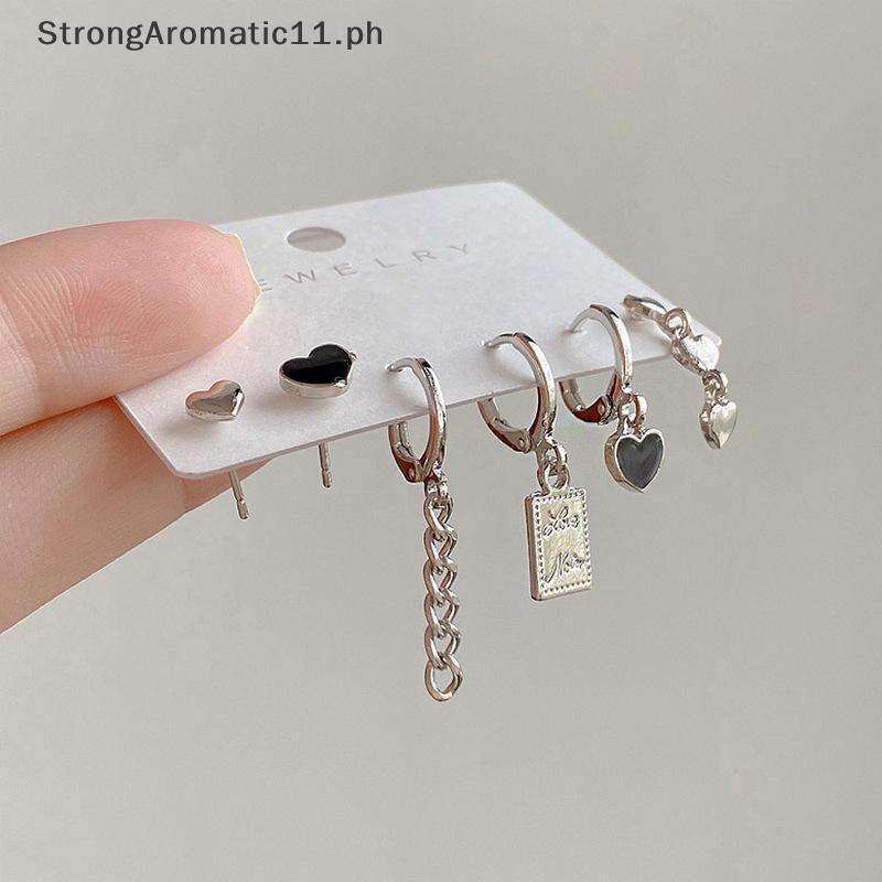 StrongAromatic 6 ชิ้น Y2K Bla หัวใจต่างหูชุดสําหรับหญิงสาว Vintage Aesthetic Studs เครื่องประดับอินเ