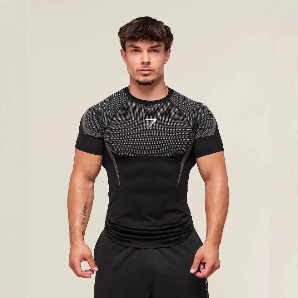 GYMSHARK ONYX Mens Sports Fitness Quick-Drying Breathable Skinny Training Suit เสื้อยืด