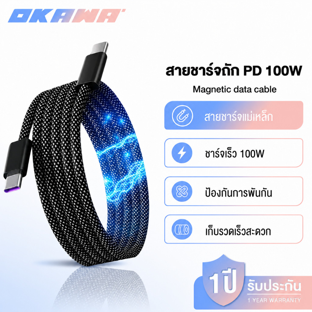 OKAWA PD 27W 100W สายเคเบิลข้อมูลแม่เหล็ก Type C สายชาร์จแม่เหล็ก เก็บเองอัตโนมัติ แม่เหล็กอัตโนมัติ 480Mbps Max