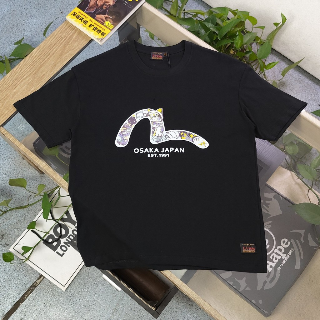 EVISU/Fushen/2026 ต้นฤดูใบไม้ผลิสไตล์ใหม่เสื้อยืดแขนสั้นชายหญิงคู่สไตล์ Raglan แขนหรูหราฐานหนักด้านใ
