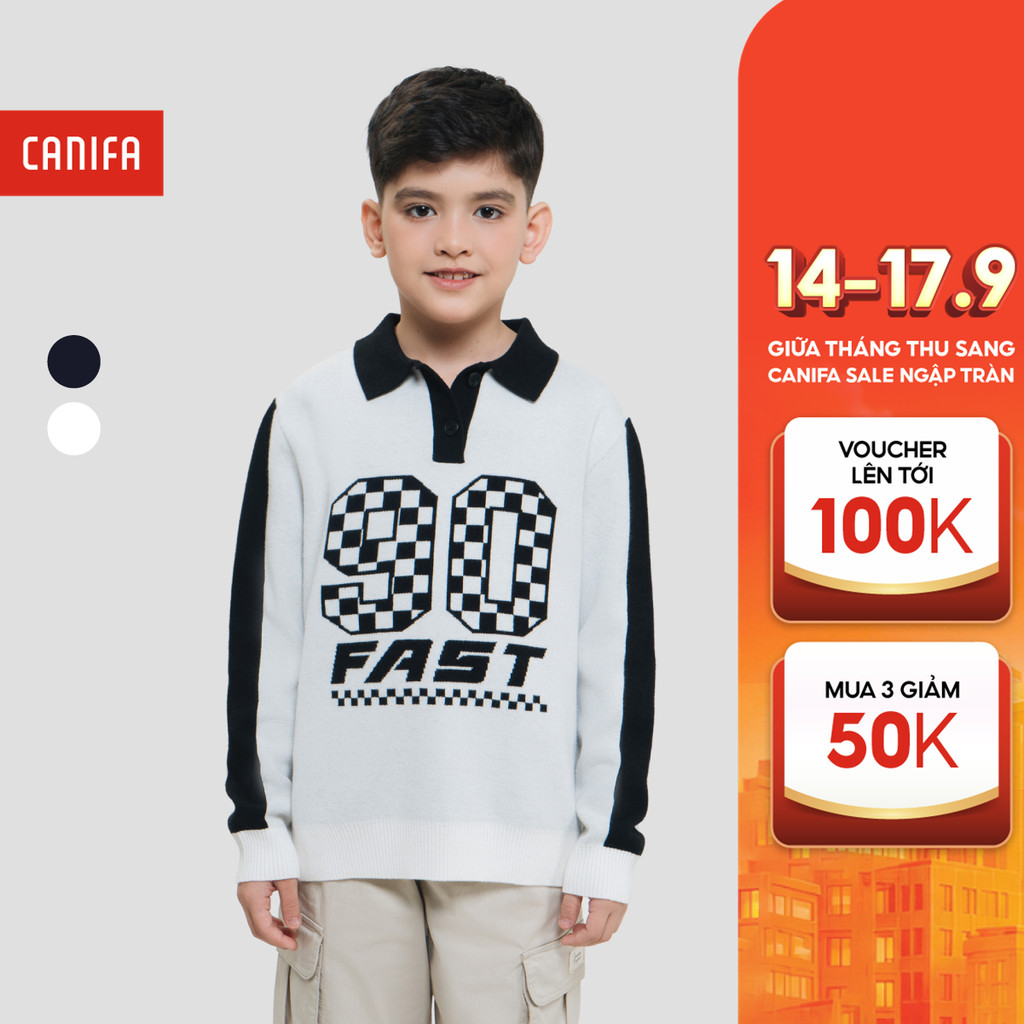 CANIFA เสื้อสเวตเตอร์โปโลสําหรับเด็กผู้ชายแขนยาวและคอปกพิมพ์ลาย 2TE25W005