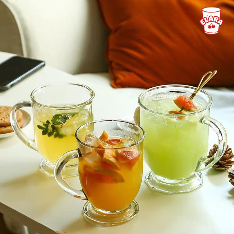 แก้วน้ำผลไม้มีหูจับ สไตล์ Afternoon Tea แก้วใสมีฐาน 400/500/550ml สำหรับชาเย็น น้ำผลไม้ โซดา เติมความสดชื่นช่วงบ่าย