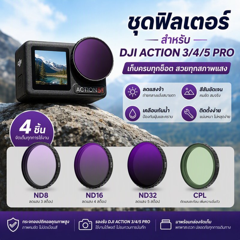 ชุดฟิลเตอร์เลนส์ กล้อง DJI Osmo Action 3 4 5 Pro CPL ND8 ND16 ND32 กระจก Schott กรอบอลูมิเนียม