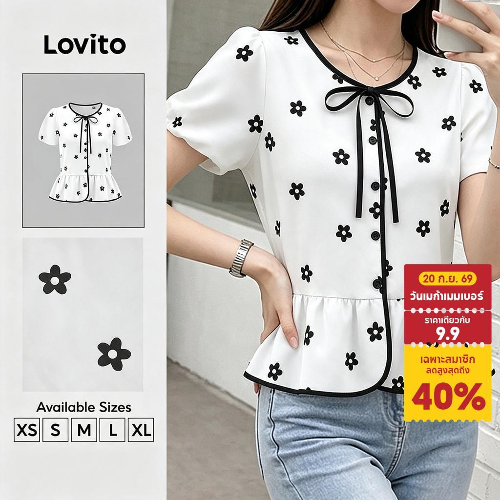 (New Arrival) Lovito เสื้อเบลาส์ผู้หญิง สีขาว ลายดอกไม้ แขนสั้น คอกลม ผูกเชือก Colorblock สำหรับวันหยุดสุดสัปดาห์ ฤดูใบไม้ผลิและฤดูร้อน BLB201P1D673