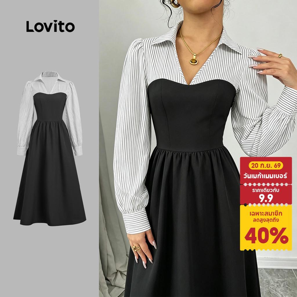 Lovito เดรสสีดําผ้าเย็บปะติดสีตัดสําหรับผู้หญิง Elegant Dress เหมาะสําหรับฤดูใบไม้ร่วง/ฤดูหนาว LBL37008