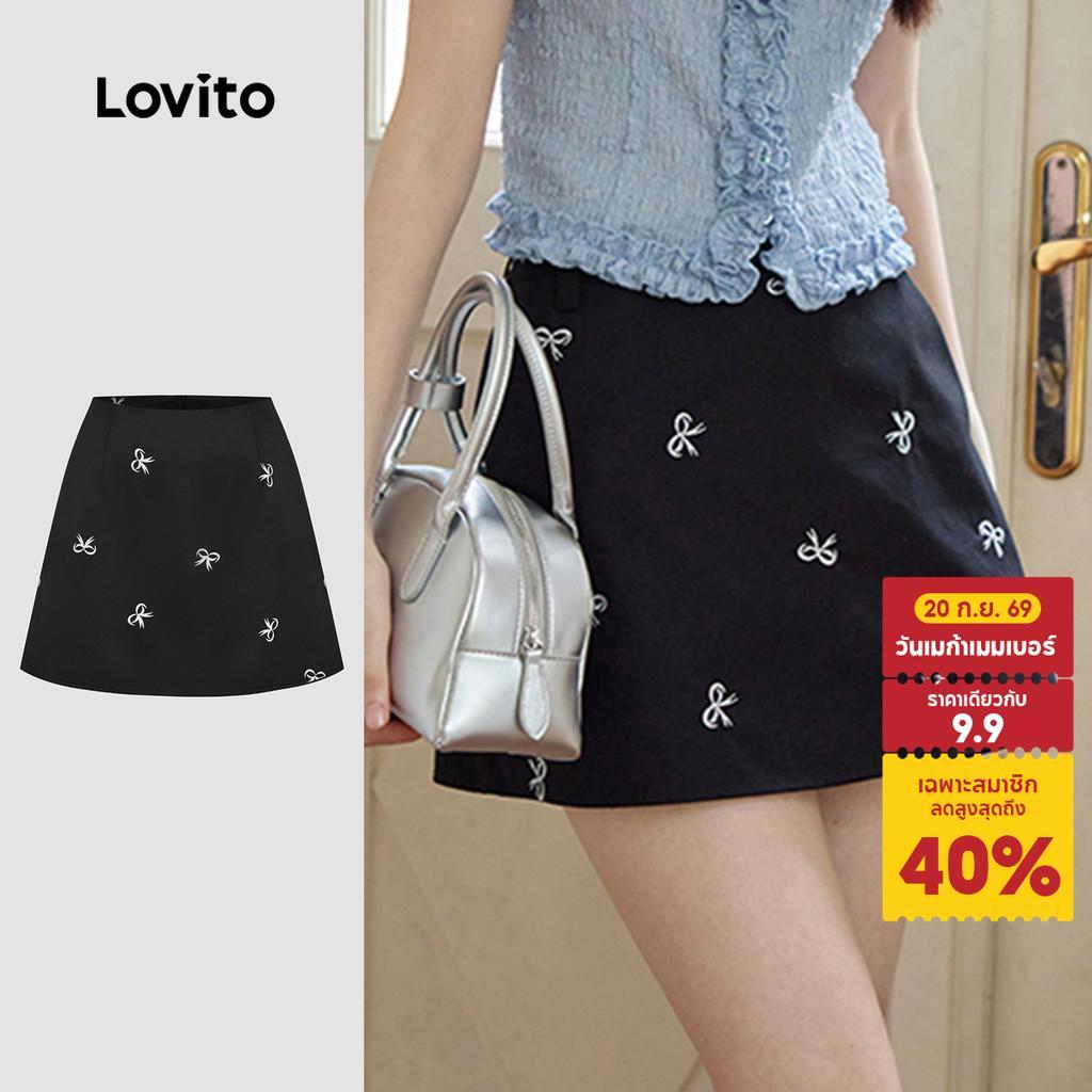 Lovito กระโปรง แต่งโบ ดีไซน์เรียบง่าย สไตล์ลำลอง สำหรับผู้หญิง L133AD475