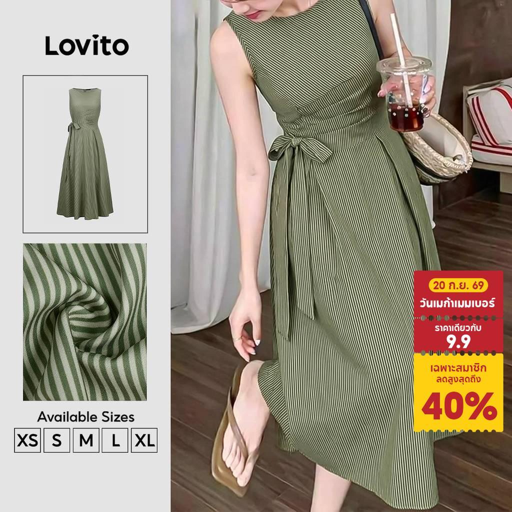 (New Arrival) Lovito เดรสสีเขียวมะกอกทรงเอ ยาว ลายทางเรขาคณิต สง่างาม สำหรับชุดทำงาน ฤดูใบไม้ผลิ ฤดูร้อน สำหรับผู้หญิง DRB201P1D769